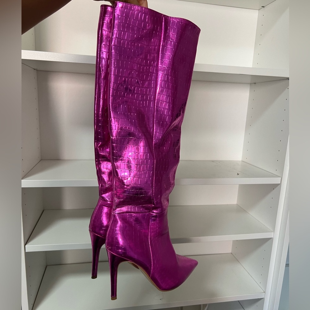 fuchsia metallic crocodile print heel boot